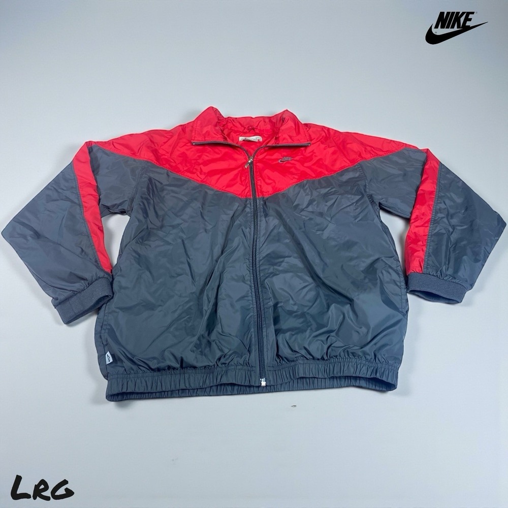 Nike Vintage 90s Windbreaker Jacket Mens LARGE Red Gray Colorblock Swoosh Pocket
